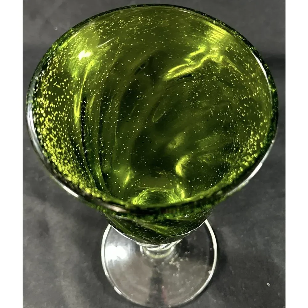 Hand Blown Art Glass Goblet Green Bubble Bowl Clear Twisted Stem 7.5”